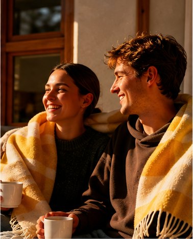 Couple wrapped in blankets with mugs of tea