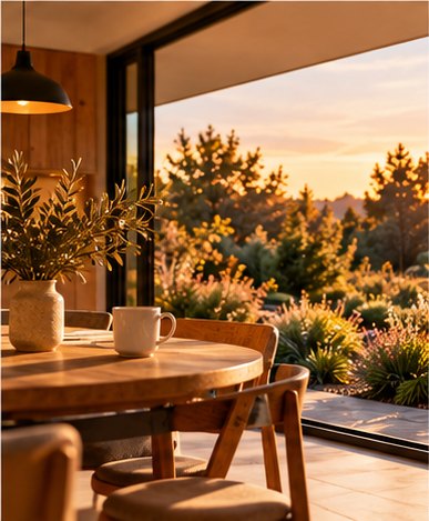 Dining table by open doors at sunset