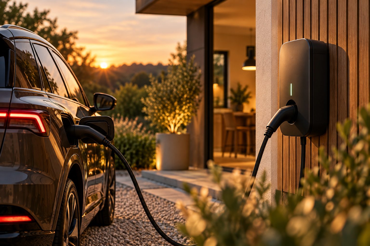 Electric car charging from a wall-mounted home charger at sunset