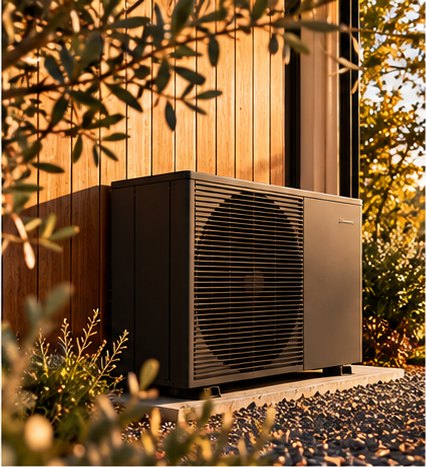 Air source heat pump outside a timber-clad home