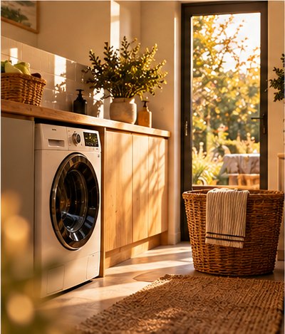 Washing machine in a sunlit utility room